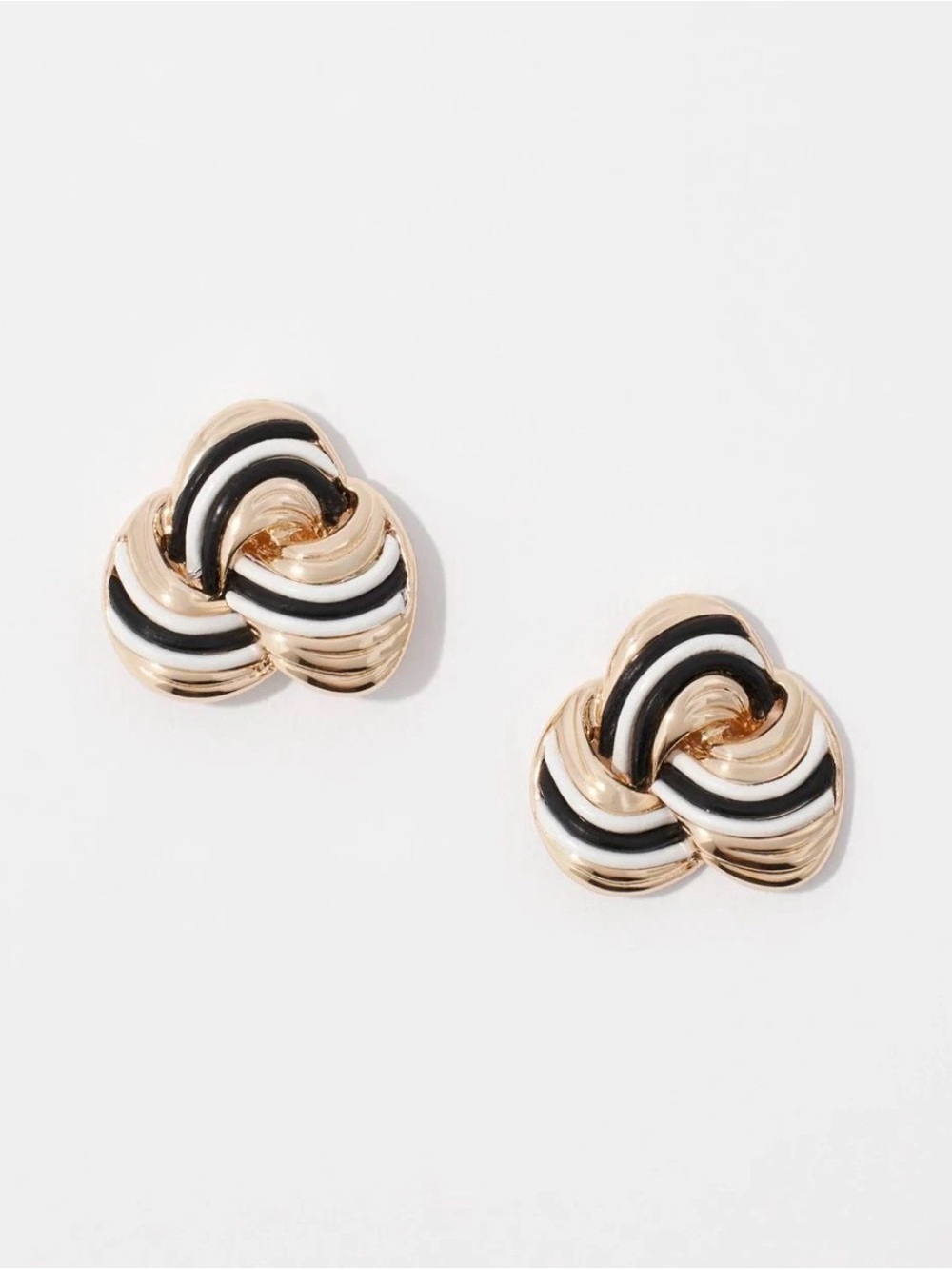 Gold Knot Stud Earrings with Black and White Enamel